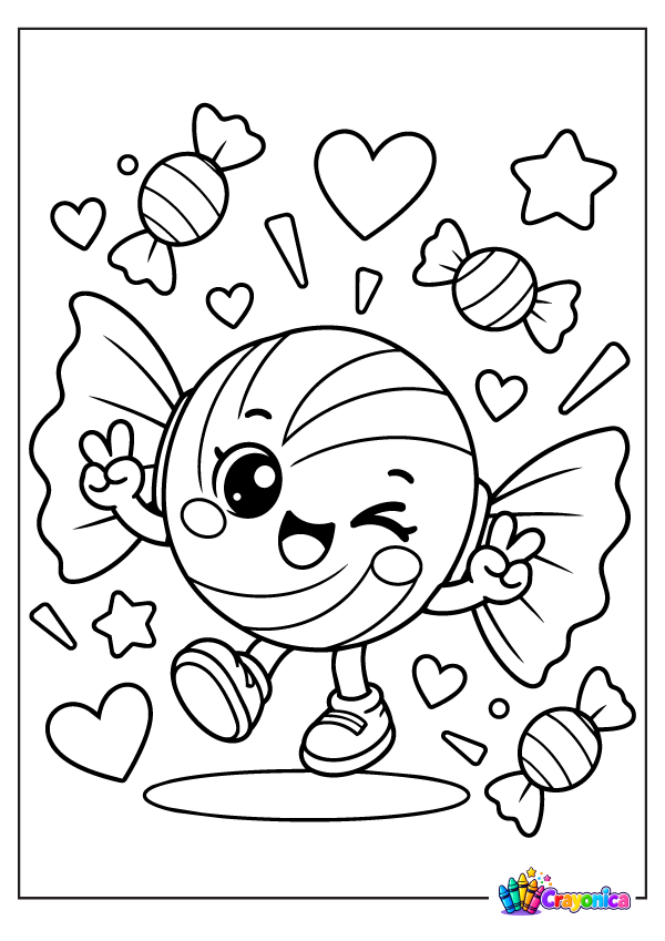 Cute smiling wrapped candy with arms, legs, stars, and hearts coloring page