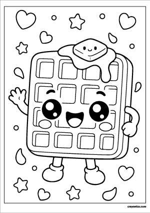 Happy waffle coloring page with smiling kawaii waffle character and butter topping