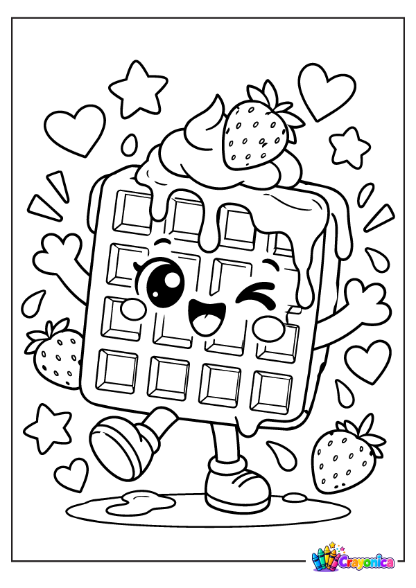 Happy waffle with syrup, smiling face, hearts, and stars coloring page