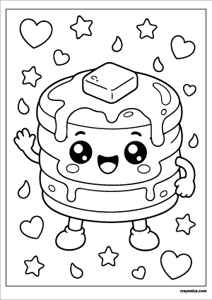 Smiling pancake coloring page with happy kawaii pancake stack and butter topping