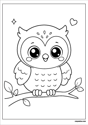 Cute kawaii owl coloring page with large eyes, small wings, and a friendly smile