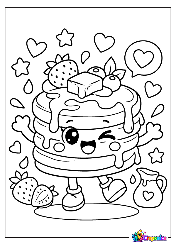 Smiling pancake stack with syrup, butter, hearts, and stars coloring page