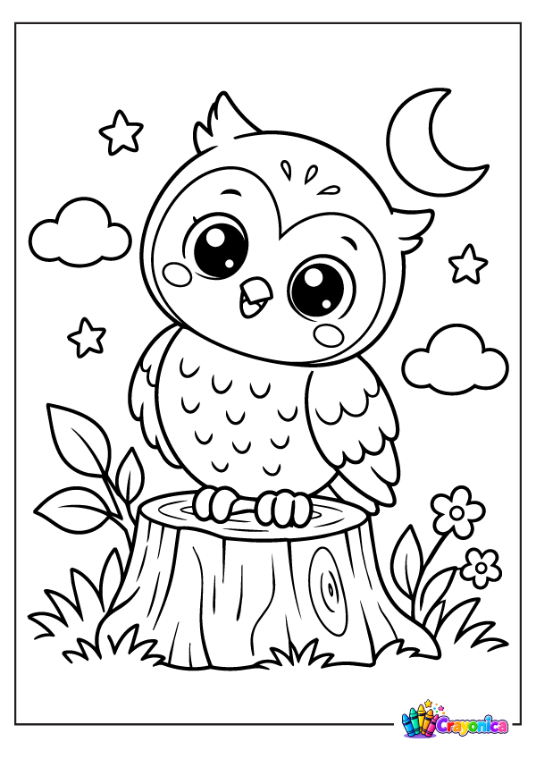 Cute owl sitting on a tree branch coloring page for kids