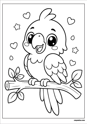 Cute parrot coloring page with smiling kawaii parrot sitting on a tree branch