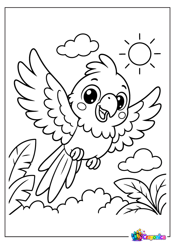 Cute parrot perched on a leafy tree branch coloring page for kids