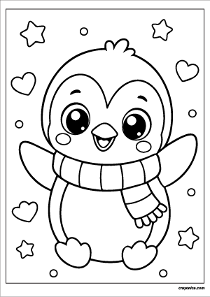 Cute penguin coloring page with smiling kawaii penguin wearing a scarf