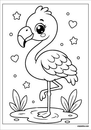 Cute flamingo coloring page with smiling kawaii flamingo standing on one leg