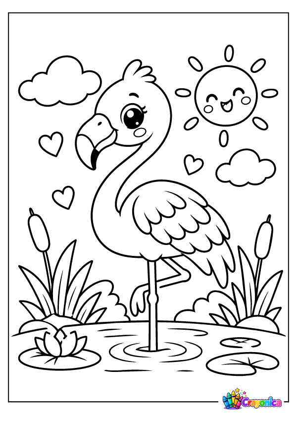 Cute flamingo standing by a pond with plants, hearts, and stars coloring page