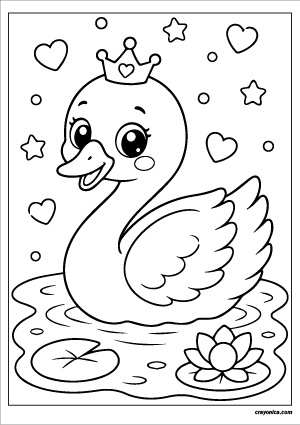 Cute swan coloring page with smiling kawaii swan floating on a pond