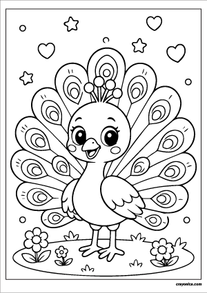 Cute peacock coloring page with smiling kawaii peacock and decorative tail feathers