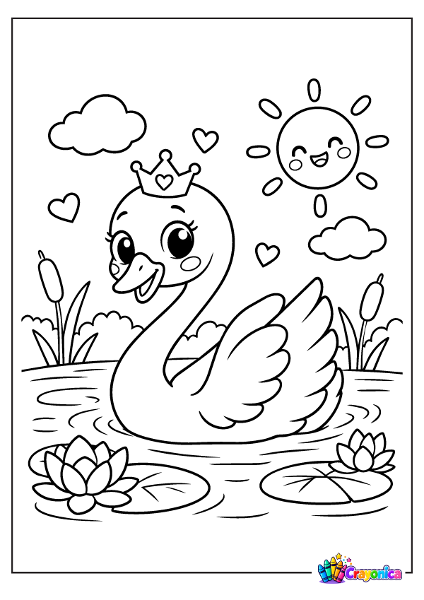 Cute swan wearing a crown floating on a pond coloring page for kids