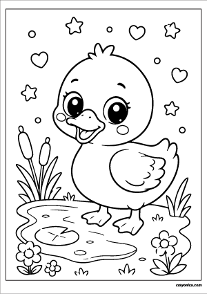 Cute duck coloring page with smiling kawaii duck standing beside a pond