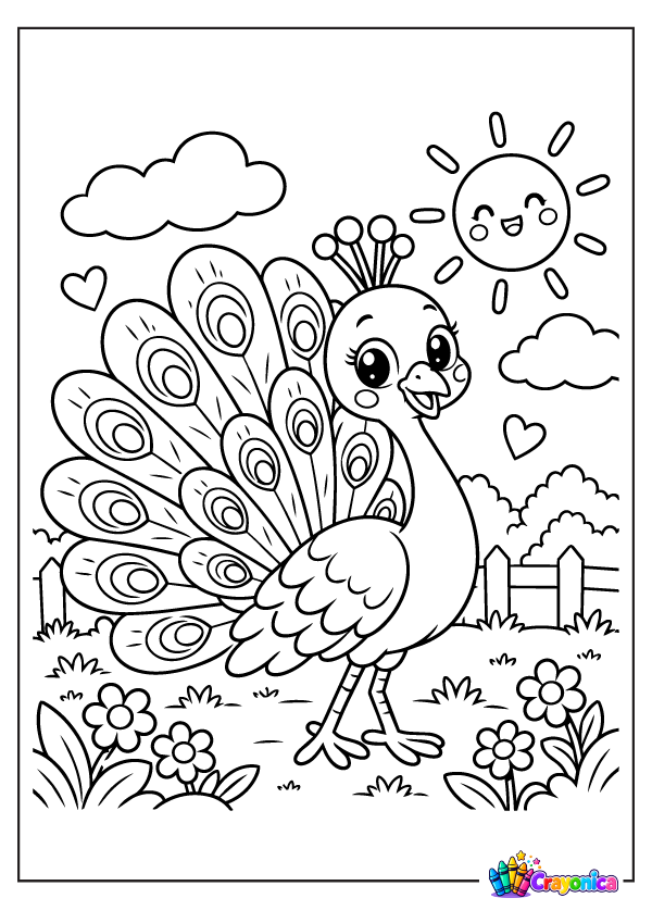 Cute peacock with colorful feather tail standing in a garden coloring page for kids