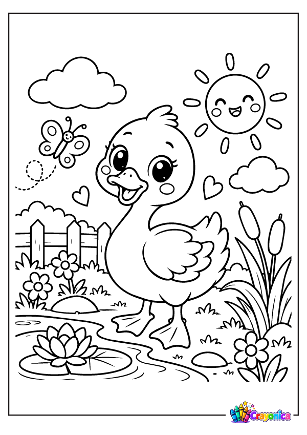 Cute duck standing beside a small pond with flowers and water plants coloring page