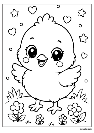 Cute baby chick coloring page with smiling kawaii chick and fluffy feathers