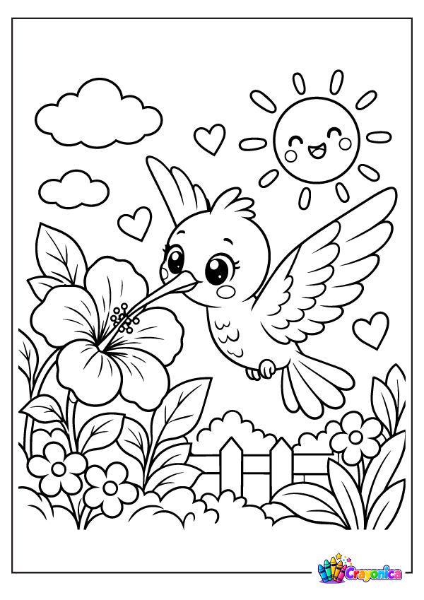 Cute hummingbird flying beside a flower coloring page for kids