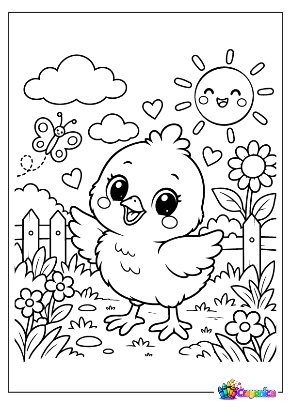 Cute baby chick standing among flowers coloring page for kids