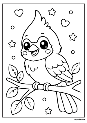 Cute cardinal coloring page with smiling kawaii cardinal sitting on a tree branch