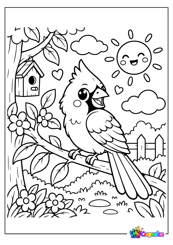 Cute cardinal bird perched on a leafy branch coloring page for kids
