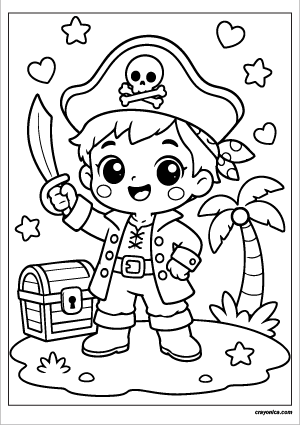 Cute pirate coloring page with smiling kawaii pirate and treasure chest