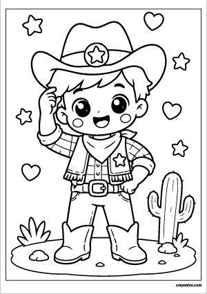 Cute cowboy coloring page with smiling kawaii cowboy wearing a hat and boots
