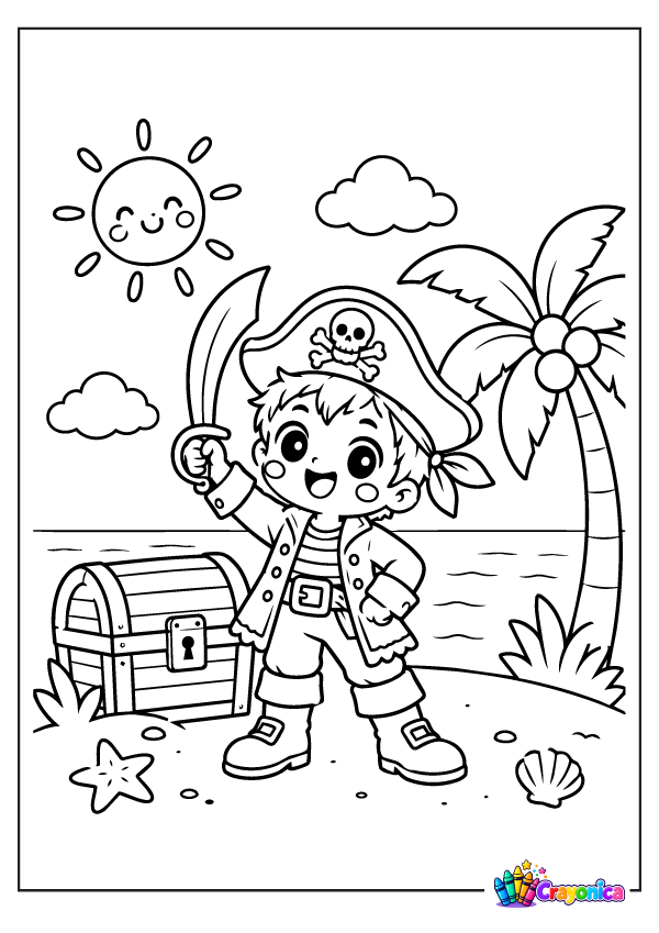 Cute pirate child with treasure chest and sword coloring page for kids