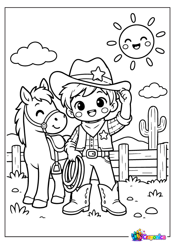 Cute cowboy wearing a hat and boots beside a cactus coloring page for kids