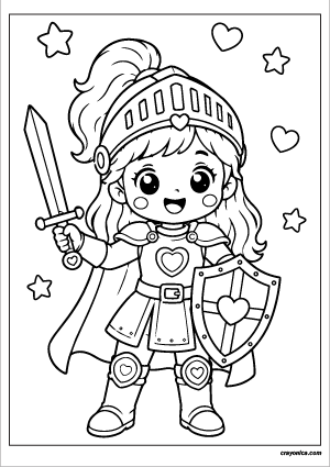 Cute knight coloring page with smiling kawaii knight wearing armor and holding a shield