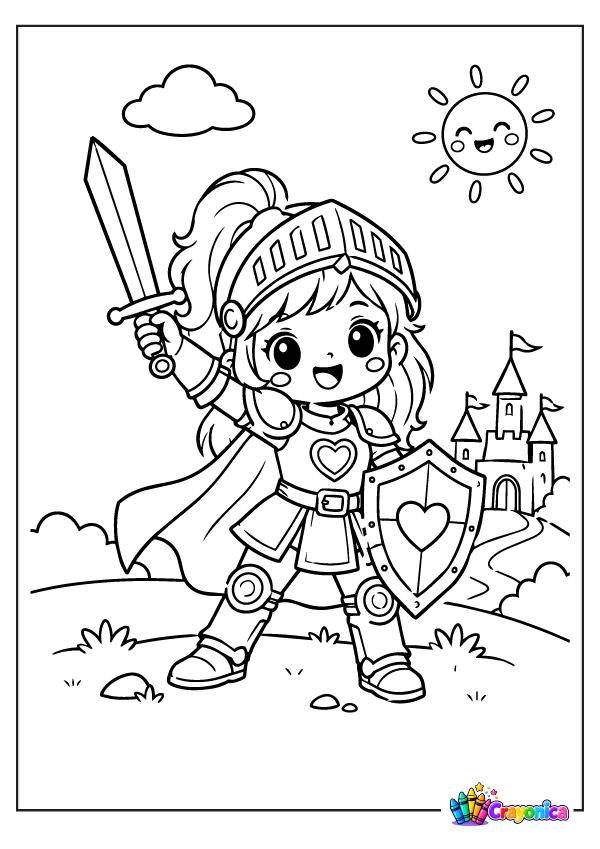 Cute knight girl holding a sword and shield coloring page for kids