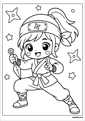 Cute ninja coloring page with smiling kawaii ninja in a playful action pose