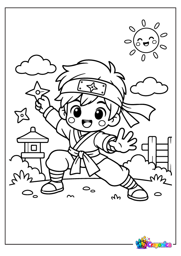 Cute ninja child holding a sword and ninja star coloring page for kids