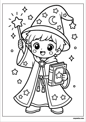 Cute wizard coloring page with smiling kawaii wizard holding a magic wand