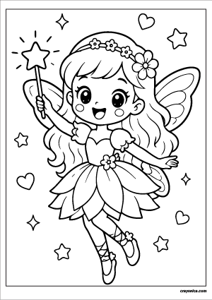 Cute fairy coloring page with smiling kawaii fairy holding a magic wand and butterfly wings