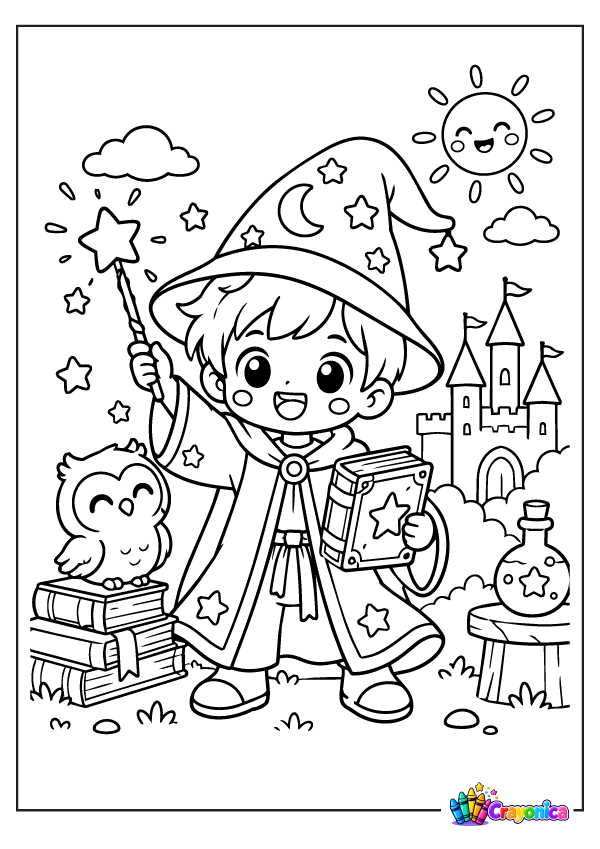 Cute wizard holding a magic wand and spell book coloring page for kids