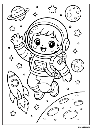 Cute astronaut coloring page with smiling kawaii astronaut floating in outer space