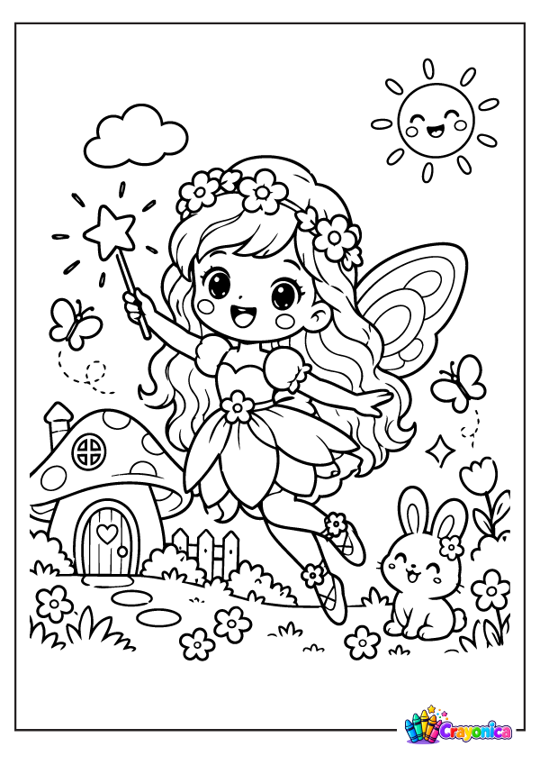 Cute fairy with wings and magic wand coloring page for kids