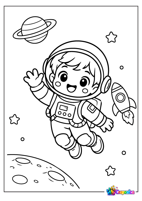 Cute astronaut floating in space with planets and rocket coloring page for kids
