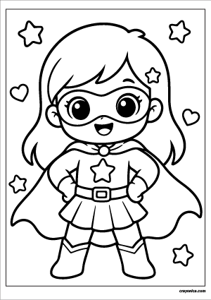 Cute superhero girl coloring page with smiling kawaii superhero wearing a cape and mask