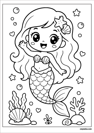 Cute mermaid coloring page with smiling kawaii mermaid under the sea