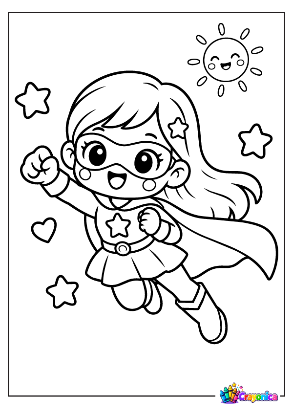 Cute superhero girl wearing a cape coloring page for kids