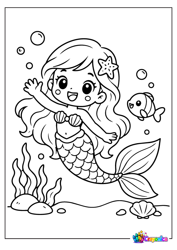 Cute mermaid swimming underwater coloring page for kids