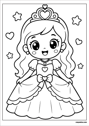 Cute princess coloring page with smiling kawaii princess wearing a crown and royal dress