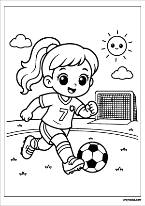 Cute girl playing soccer coloring page with a smiling young soccer player dribbling a ball on a field