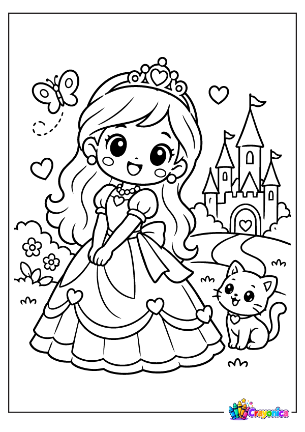 Cute princess wearing a crown and dress coloring page for kids