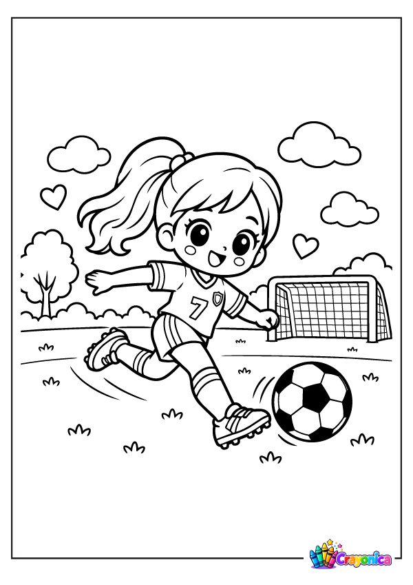 Cute girl playing soccer and kicking a ball coloring page for kids