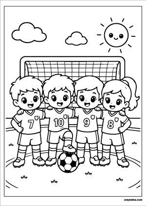 Cute soccer team coloring page with smiling young soccer players standing together on a soccer field