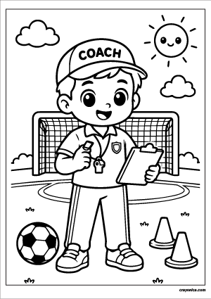 Cute soccer coach coloring page with a smiling coach standing on a soccer field holding a clipboard
