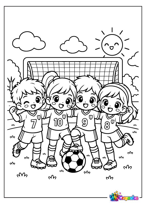 Cute soccer team with four young players coloring page for kids