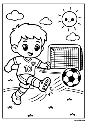 Cute kid kicking soccer ball coloring page with a smiling young soccer player on a soccer field