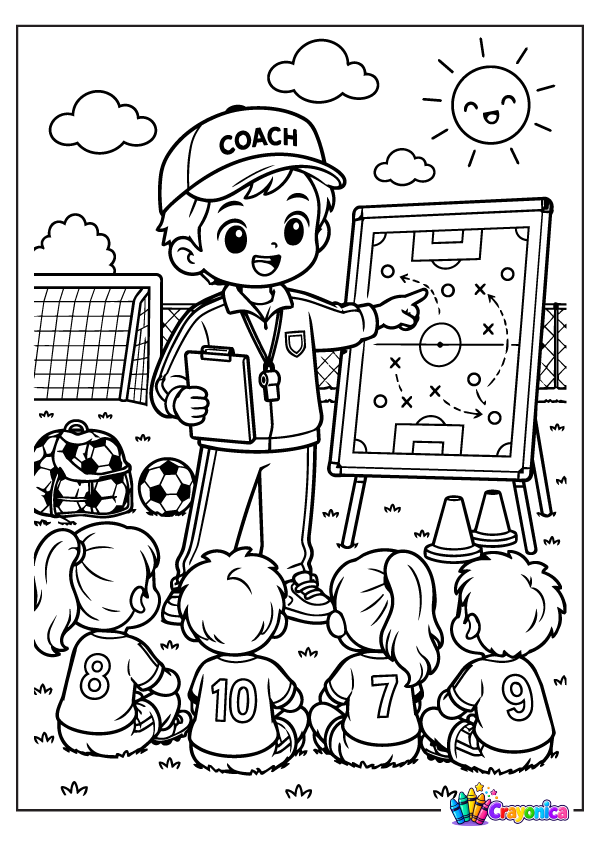 Cute soccer coach holding a clipboard on the field coloring page for kids